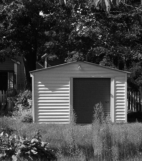 black and white shed